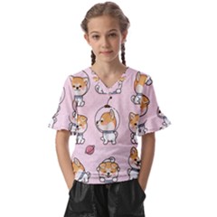 Set Kawaii Smile Japanese Dog Akita Inu Cartoon Kids  V-neck Horn Sleeve Blouse by Hannah976