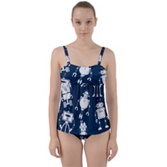 White Robot Blue Seamless Pattern Twist Front Tankini Set by Hannah976