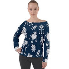 White Robot Blue Seamless Pattern Off Shoulder Long Sleeve Velour Top by Hannah976