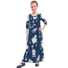 White Robot Blue Seamless Pattern Kids  Quarter Sleeve Maxi Dress by Hannah976