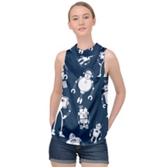 White Robot Blue Seamless Pattern High Neck Satin Top by Hannah976