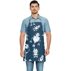 White Robot Blue Seamless Pattern Kitchen Apron by Hannah976