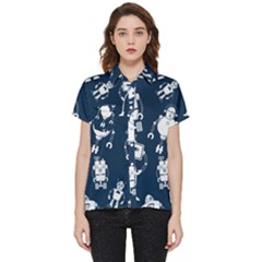 White Robot Blue Seamless Pattern Short Sleeve Pocket Shirt