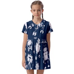 White Robot Blue Seamless Pattern Kids  Asymmetric Collar Dress by Hannah976