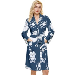 White Robot Blue Seamless Pattern Long Sleeve Velvet Robe by Hannah976