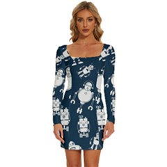 White Robot Blue Seamless Pattern Long Sleeve Square Neck Bodycon Velvet Dress by Hannah976