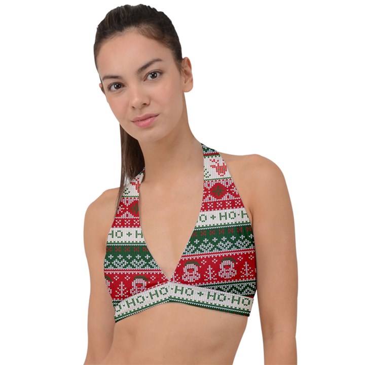 Ugly Sweater Merry Christmas  Halter Plunge Bikini Top