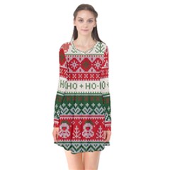 Ugly Sweater Merry Christmas  Long Sleeve V-neck Flare Dress by artworkshop