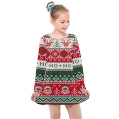 Ugly Sweater Merry Christmas  Kids  Long Sleeve Dress by artworkshop