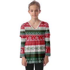 Ugly Sweater Merry Christmas  Kids  V Neck Casual Top by artworkshop