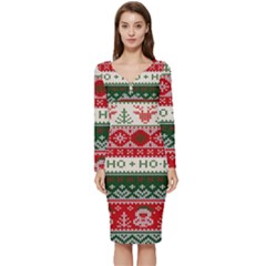 Ugly Sweater Merry Christmas  Long Sleeve V-neck Bodycon Dress  by artworkshop