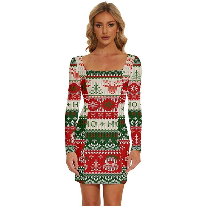 Ugly Sweater Merry Christmas  Long Sleeve Square Neck Bodycon Velvet Dress