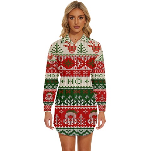 Ugly Sweater Merry Christmas  Womens Long Sleeve Shirt Dress by artworkshop