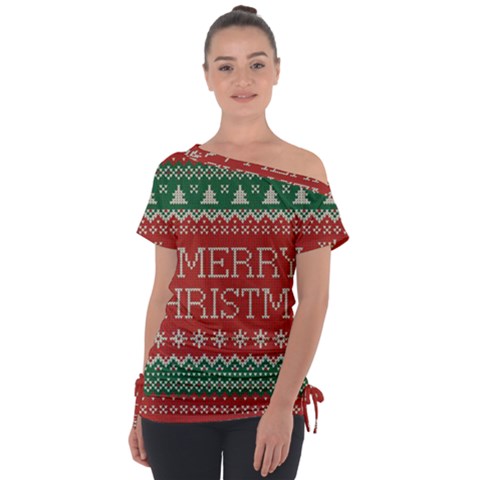 Merry Christmas  Pattern Off Shoulder Tie-up T-shirt by artworkshop