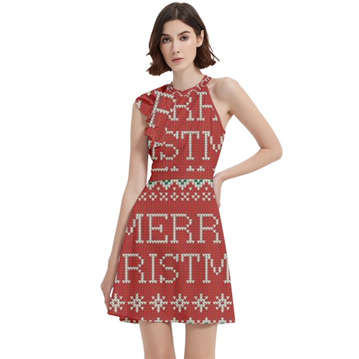 Merry Christmas  Pattern Cocktail Party Halter Sleeveless Dress With Pockets