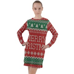 Merry Christmas  Pattern Long Sleeve Hoodie Dress by artworkshop