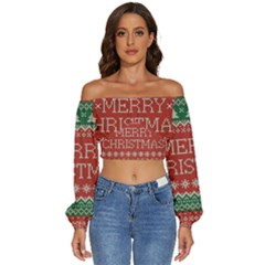 Merry Christmas  Pattern Long Sleeve Crinkled Weave Crop Top by artworkshop