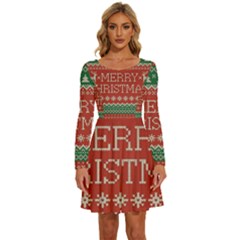 Merry Christmas  Pattern Long Sleeve Wide Neck Velvet Dress by artworkshop