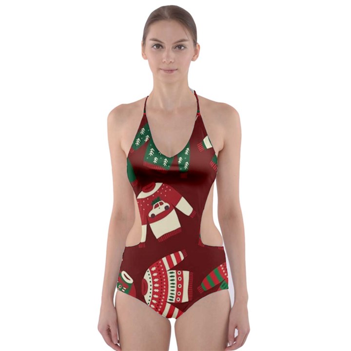 Ugly Sweater Wrapping Paper Cut-Out One Piece Swimsuit