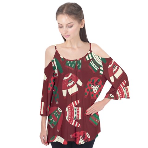 Ugly Sweater Wrapping Paper Flutter Sleeve T-shirt  by artworkshop