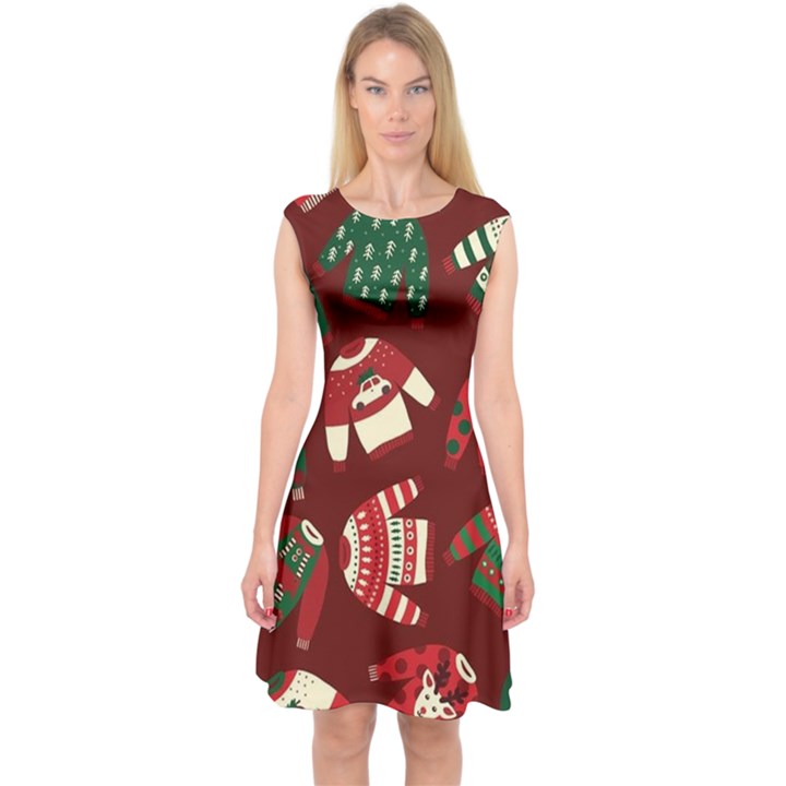 Ugly Sweater Wrapping Paper Capsleeve Midi Dress