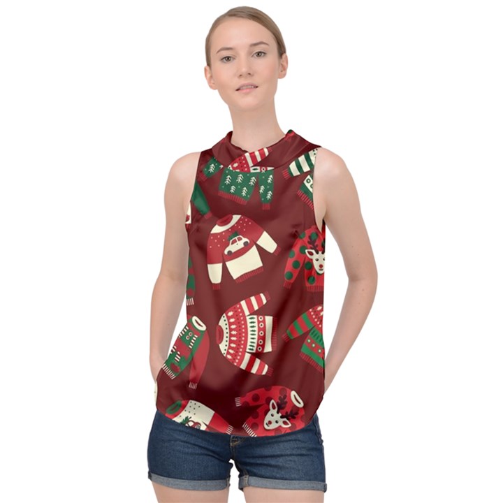 Ugly Sweater Wrapping Paper High Neck Satin Top