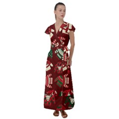 Ugly Sweater Wrapping Paper Flutter Sleeve Maxi Dress