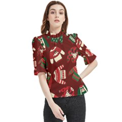 Ugly Sweater Wrapping Paper Frill Neck Blouse