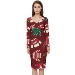 Ugly Sweater Wrapping Paper Long Sleeve V-neck Bodycon Dress 