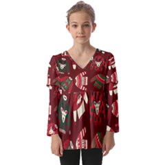 Ugly Sweater Wrapping Paper Kids  V Neck Casual Top