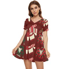 Ugly Sweater Wrapping Paper Tiered Short Sleeve Babydoll Dress