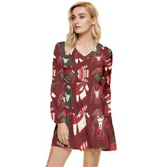 Ugly Sweater Wrapping Paper Tiered Long Sleeve Mini Dress