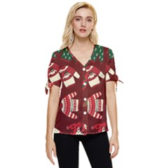 Ugly Sweater Wrapping Paper Bow Sleeve Button Up Top