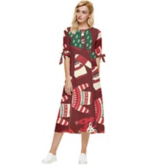 Ugly Sweater Wrapping Paper Bow Sleeve Chiffon Midi Dress