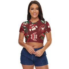 Ugly Sweater Wrapping Paper Side Button Cropped T-shirt