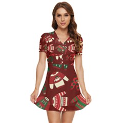 Ugly Sweater Wrapping Paper V-neck High Waist Chiffon Mini Dress