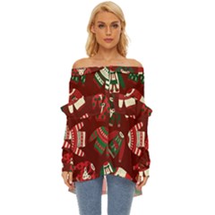 Ugly Sweater Wrapping Paper Off Shoulder Chiffon Pocket Shirt