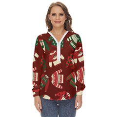 Ugly Sweater Wrapping Paper Zip Up Long Sleeve Blouse