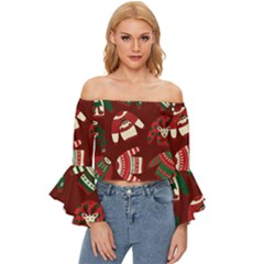 Ugly Sweater Wrapping Paper Off Shoulder Flutter Bell Sleeve Top