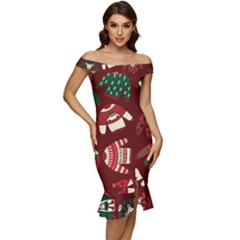 Ugly Sweater Wrapping Paper Off Shoulder Ruffle Split Hem Bodycon Dress