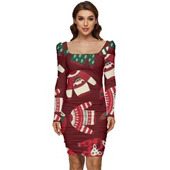 Ugly Sweater Wrapping Paper Women Long Sleeve Ruched Stretch Jersey Dress