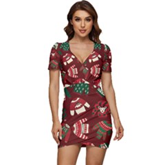 Ugly Sweater Wrapping Paper Low Cut Cap Sleeve Mini Dress