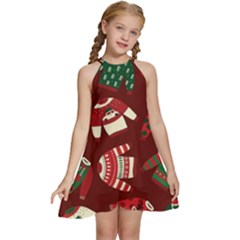 Ugly Sweater Wrapping Paper Kids  Halter Collar Waist Tie Chiffon Dress