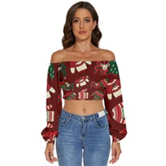 Ugly Sweater Wrapping Paper Long Sleeve Crinkled Weave Crop Top