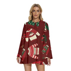 Ugly Sweater Wrapping Paper Round Neck Long Sleeve Bohemian Style Chiffon Mini Dress