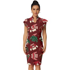 Ugly Sweater Wrapping Paper Vintage Frill Sleeve V-neck Bodycon Dress