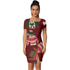 Ugly Sweater Wrapping Paper Fitted Knot Split End Bodycon Dress