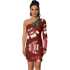 Ugly Sweater Wrapping Paper Long Sleeve One Shoulder Mini Dress