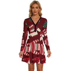 Ugly Sweater Wrapping Paper Long Sleeve Deep V Mini Dress 