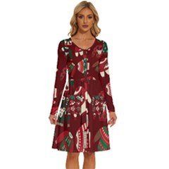 Ugly Sweater Wrapping Paper Long Sleeve Dress With Pocket